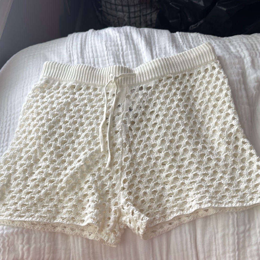 LNA Cream Crochet Swim Coverup Shorts